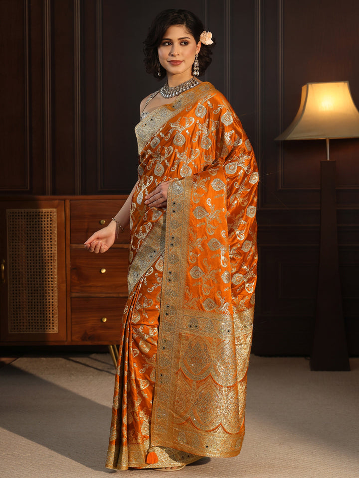 Libas Art Orange Banarasi Satin Saree with Stone Work