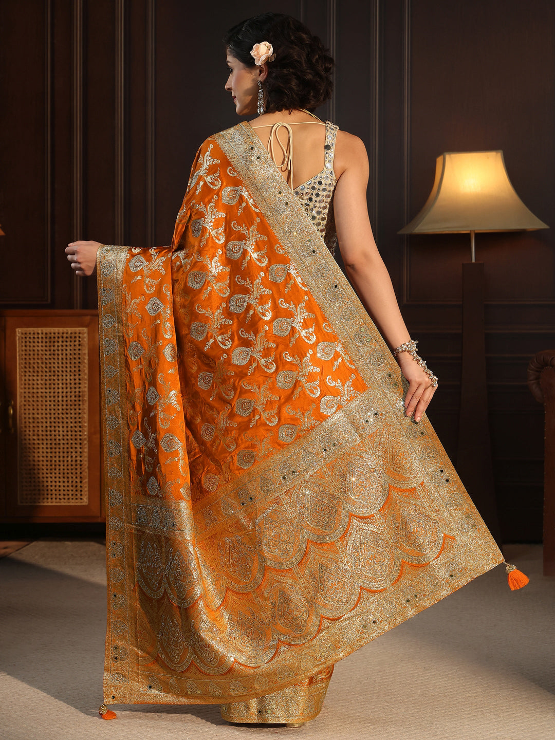 Libas Art Orange Banarasi Satin Saree with Stone Work