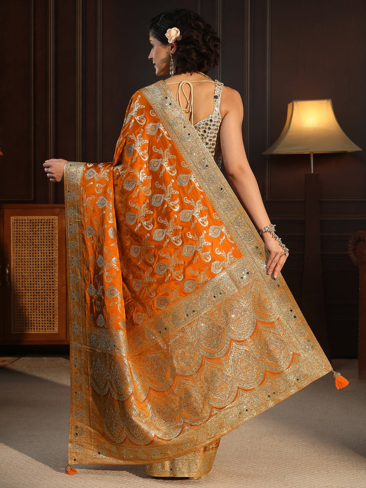 Libas Art Orange Banarasi Satin Saree with Stone Work