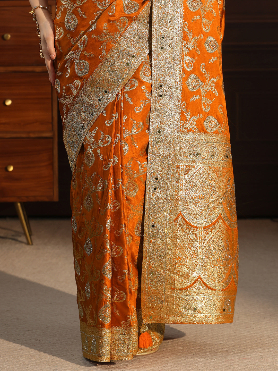Libas Art Orange Banarasi Satin Saree with Stone Work
