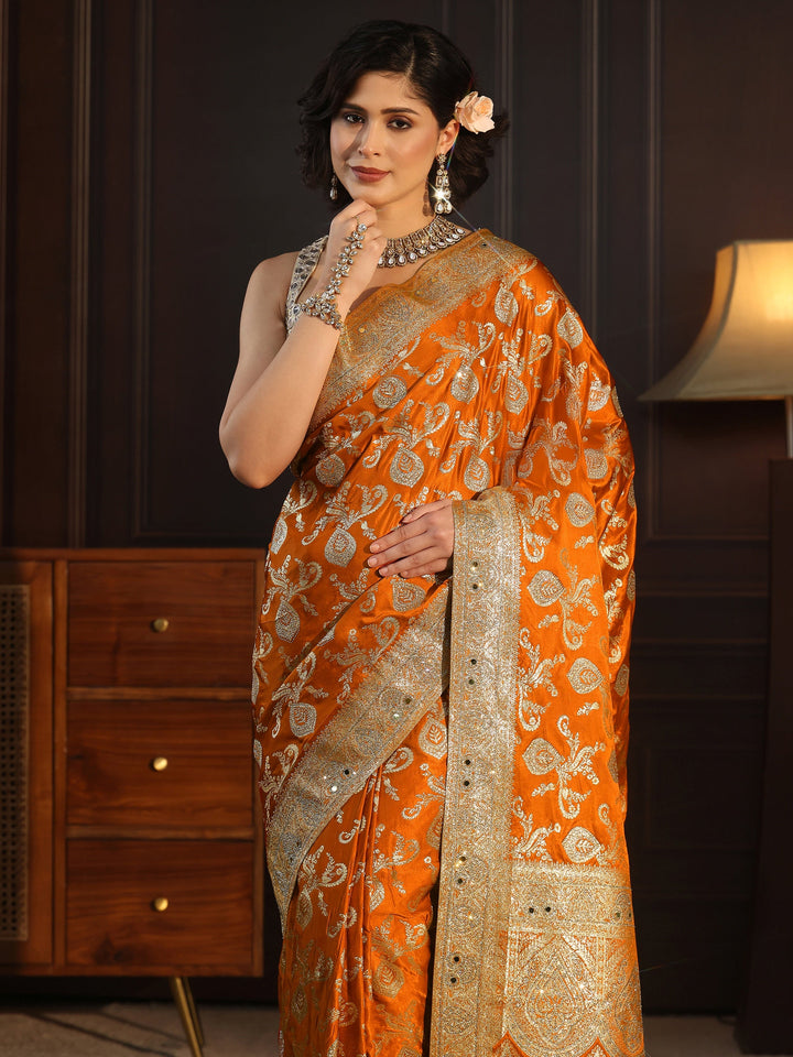 Libas Art Orange Banarasi Satin Saree with Stone Work