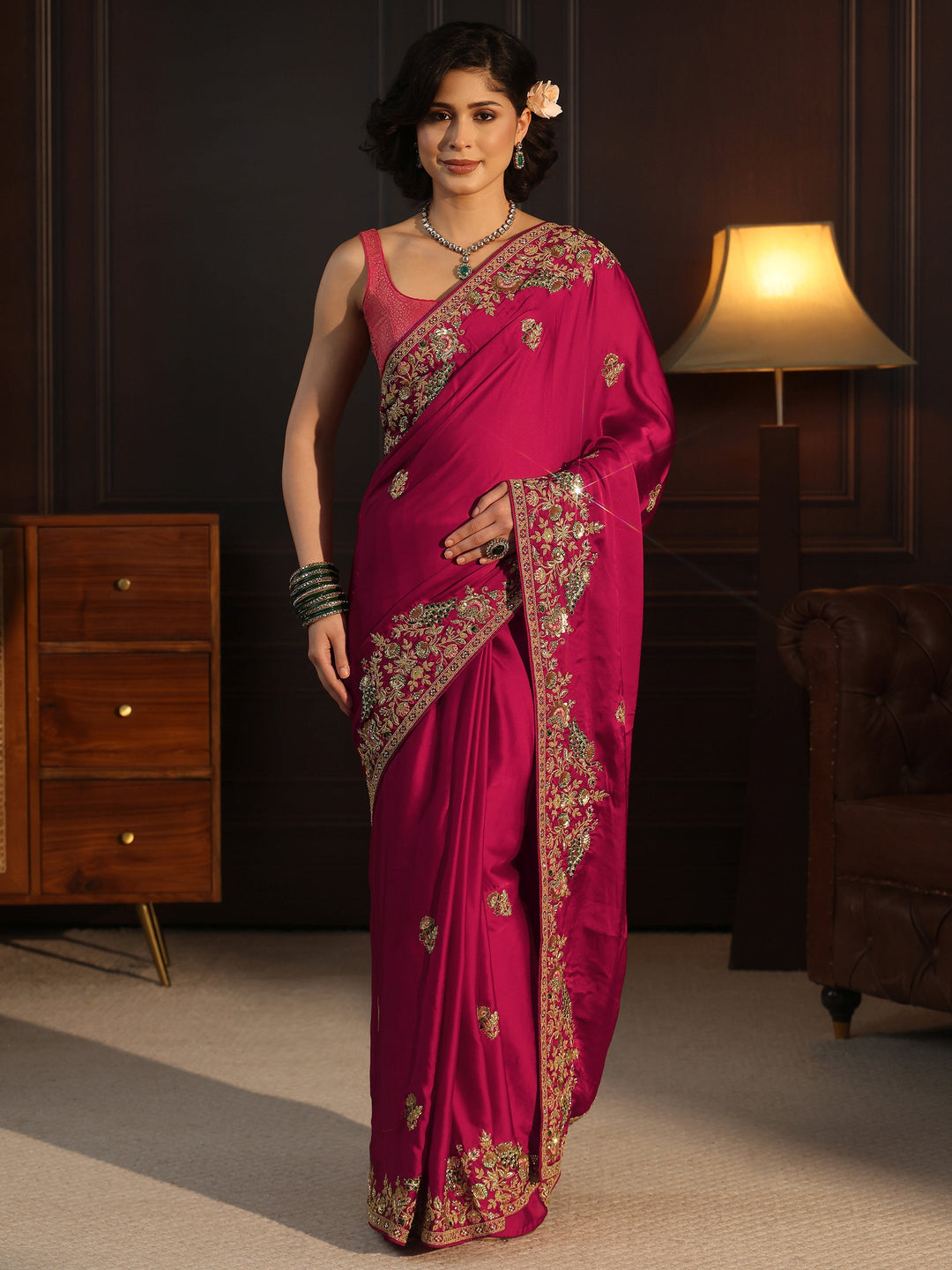 Libas Art Rani Pink Satin Saree with Embellished Border