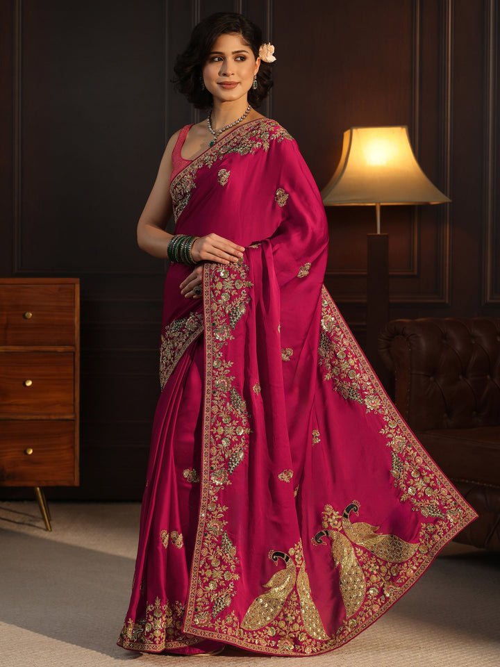 Libas Art Rani Pink Satin Saree with Embellished Border