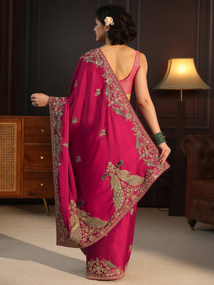Libas Art Rani Pink Satin Saree with Embellished Border