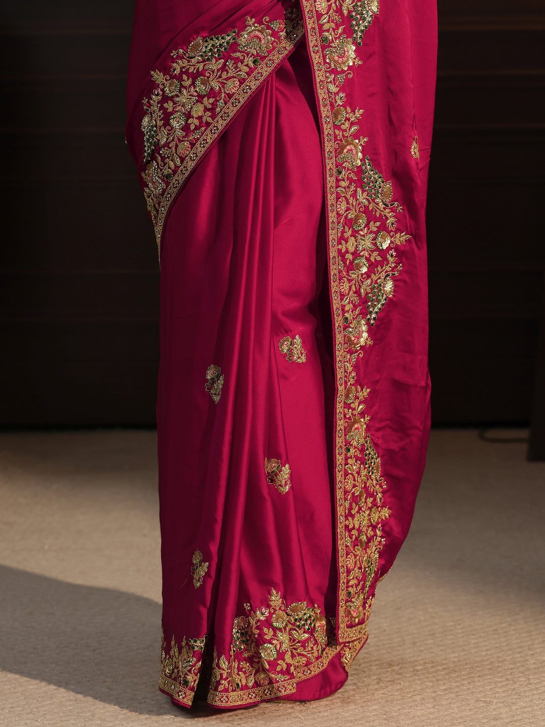 Libas Art Rani Pink Satin Saree with Embellished Border