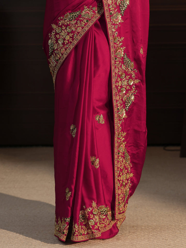 Libas Art Rani Pink Satin Saree with Embellished Border