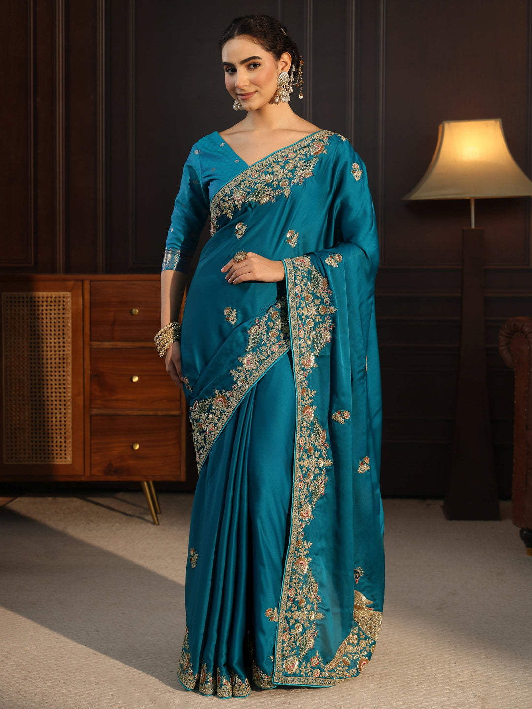Libas Art Cerulean Blue Satin Saree with Embellished Border