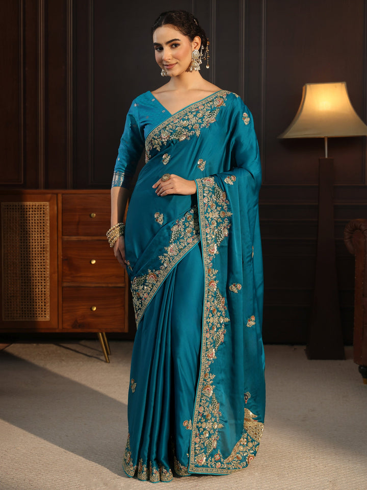 Libas Art Cerulean Blue Satin Saree with Embellished Border