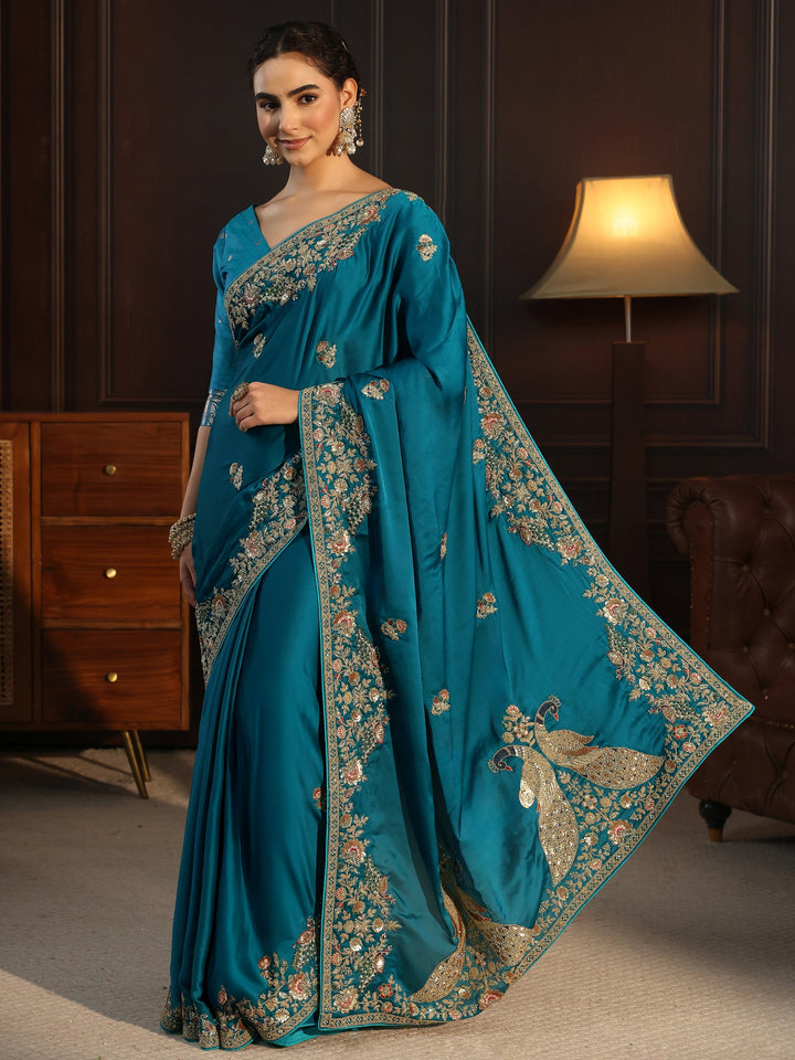 Libas Art Cerulean Blue Satin Saree with Embellished Border