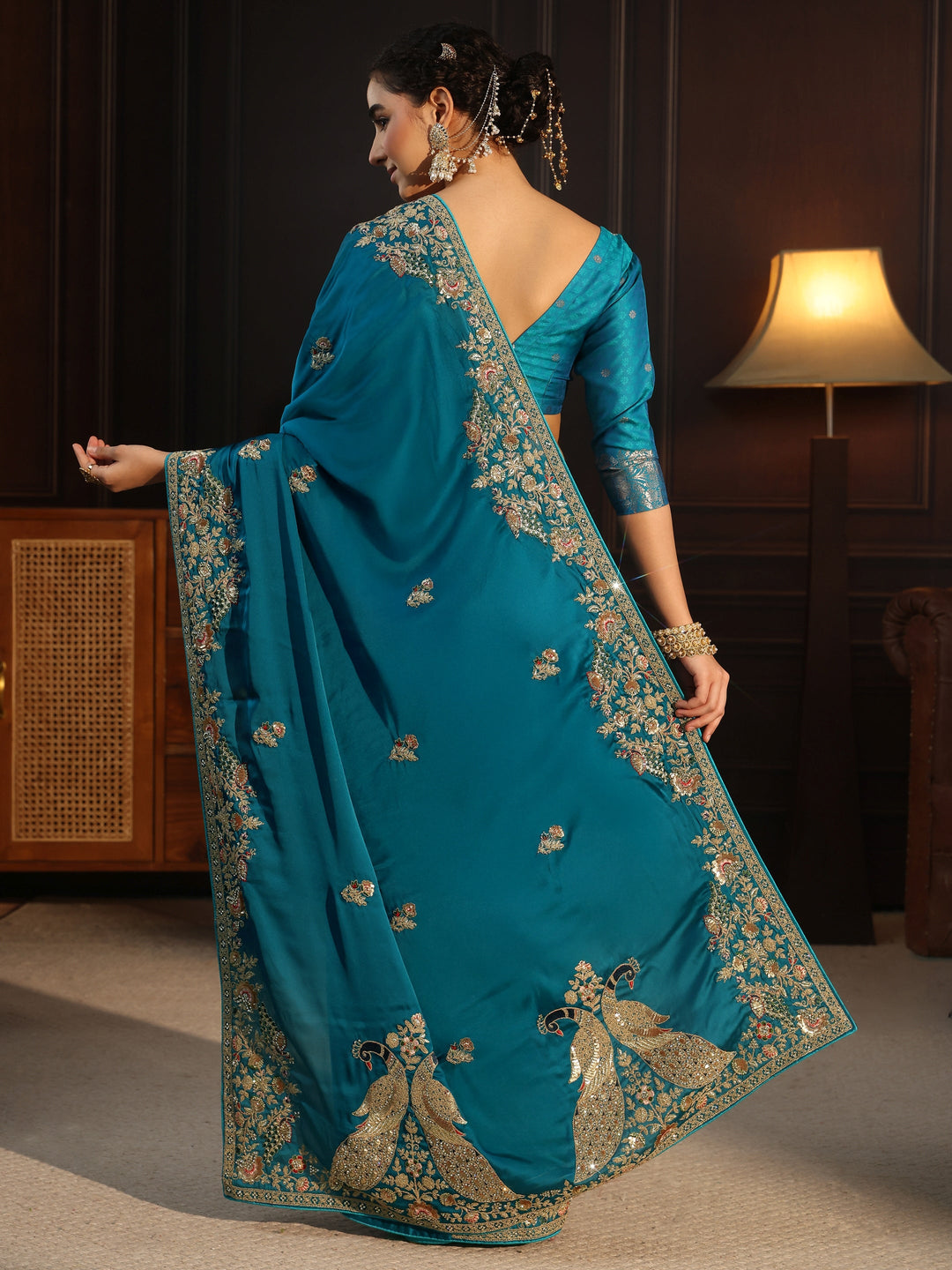 Libas Art Cerulean Blue Satin Saree with Embellished Border