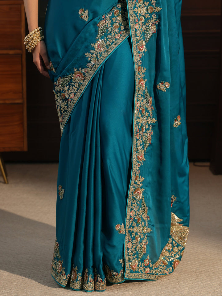 Libas Art Cerulean Blue Satin Saree with Embellished Border