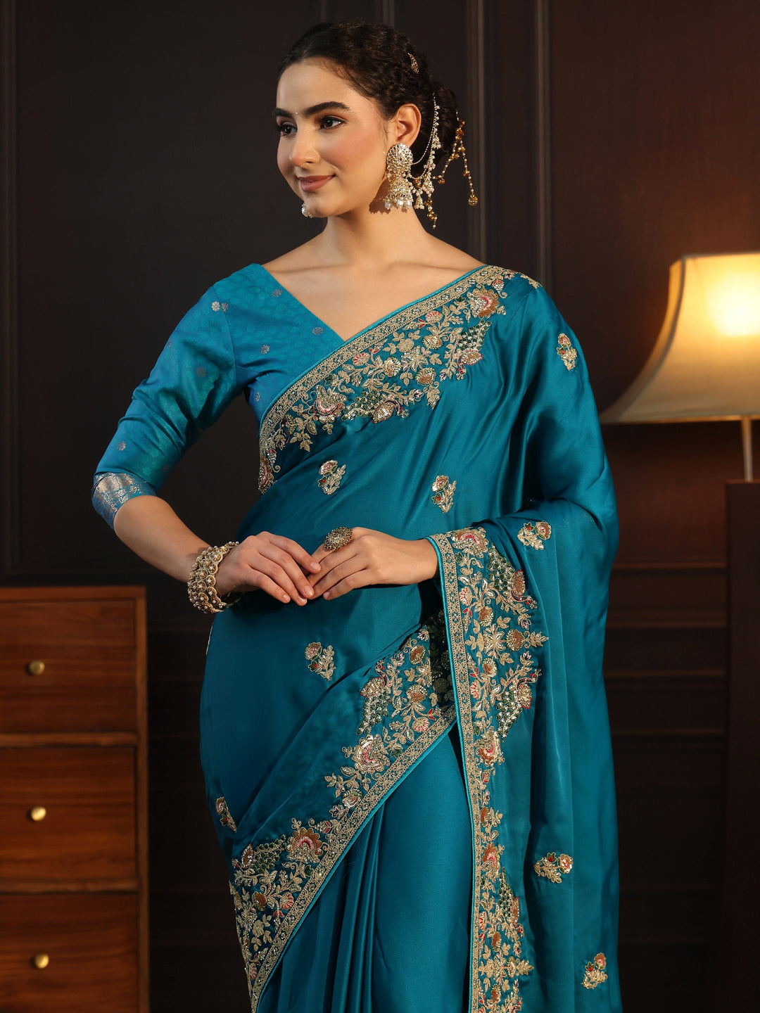 Libas Art Cerulean Blue Satin Saree with Embellished Border