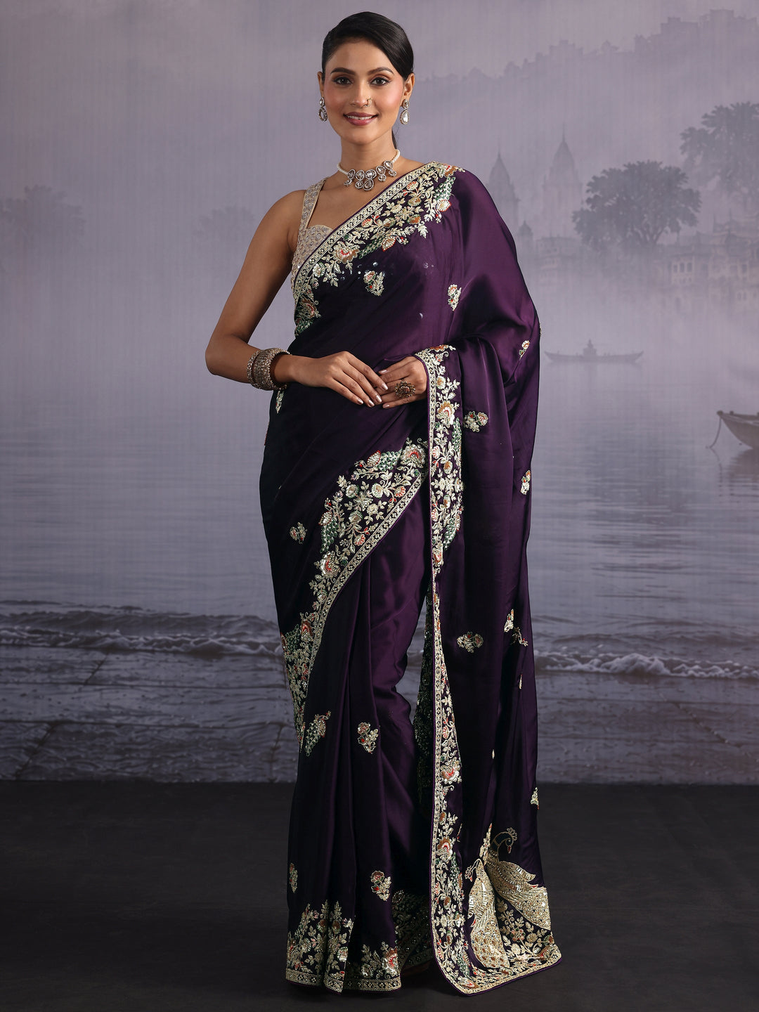 Libas Art Dark Purple Floral and Peacock Embellished Satin Saree