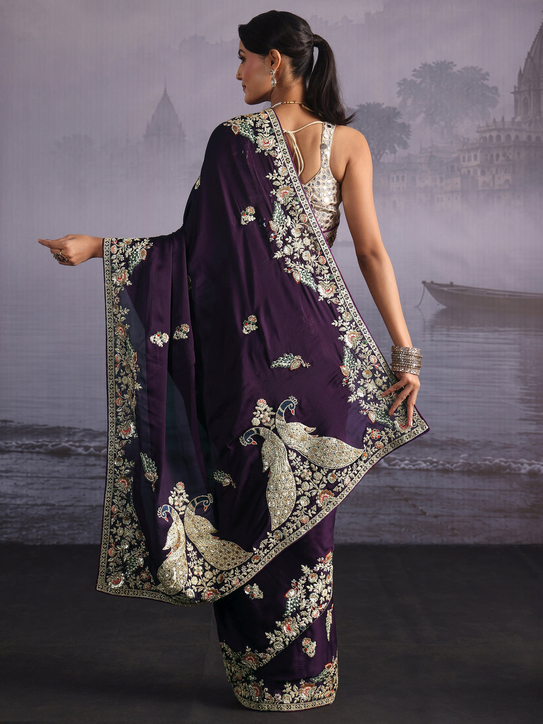 Libas Art Dark Purple Floral and Peacock Embellished Satin Saree