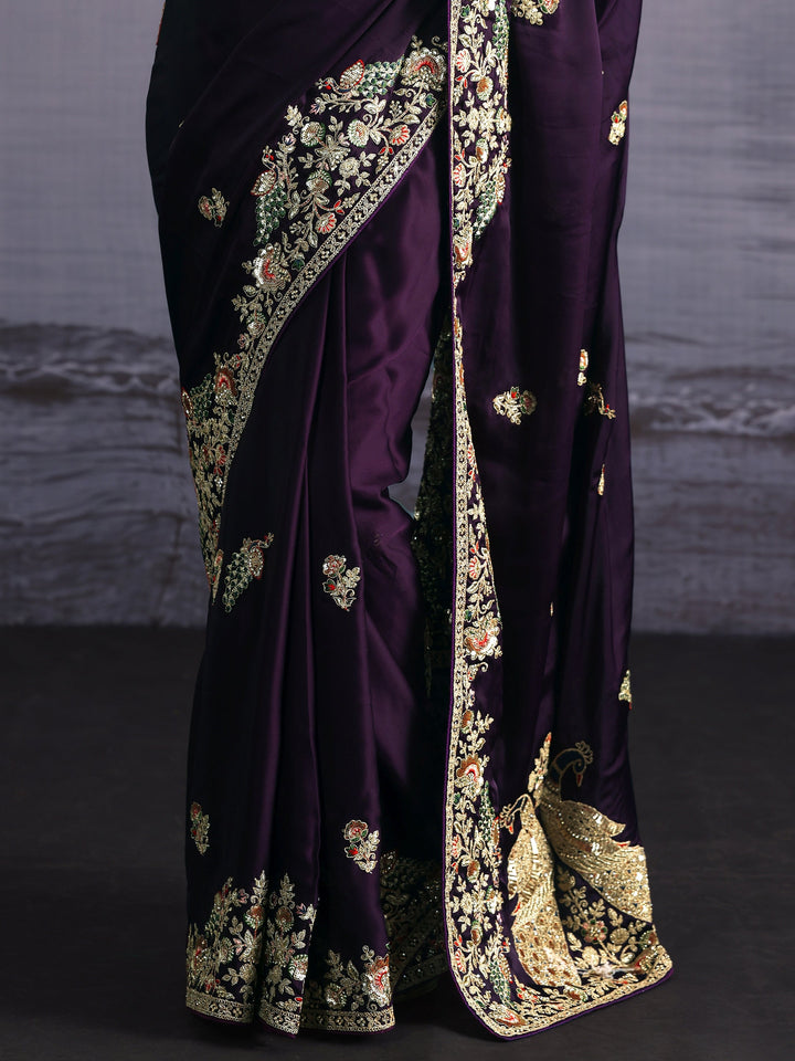 Libas Art Dark Purple Floral and Peacock Embellished Satin Saree
