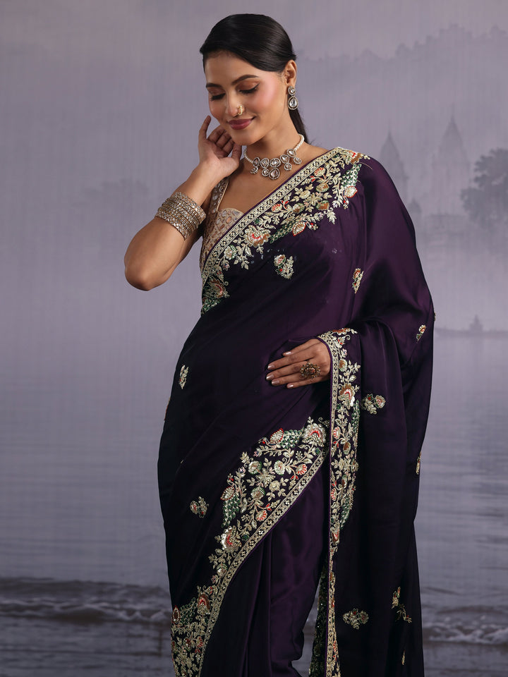 Libas Art Dark Purple Floral and Peacock Embellished Satin Saree