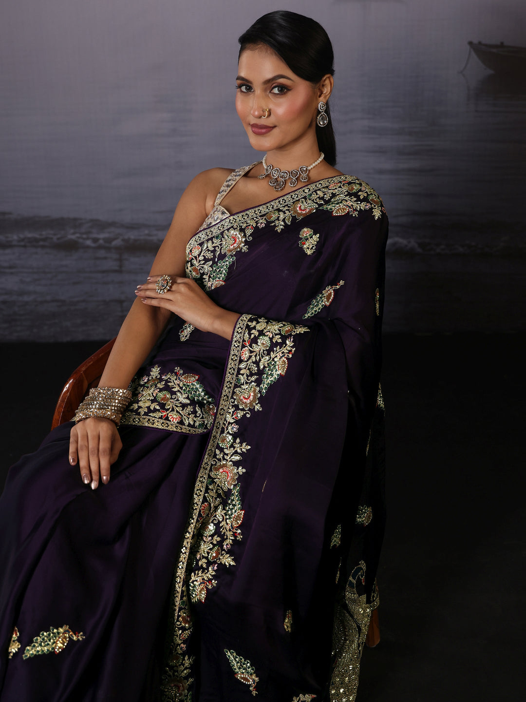 Libas Art Dark Purple Floral and Peacock Embellished Satin Saree