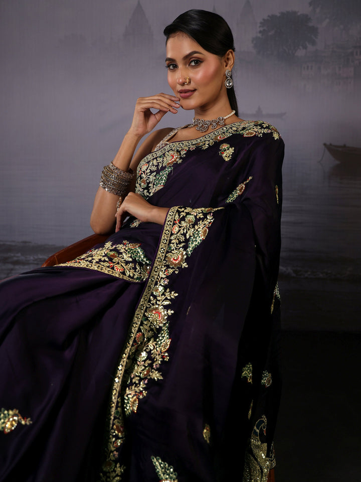 Libas Art Dark Purple Floral and Peacock Embellished Satin Saree