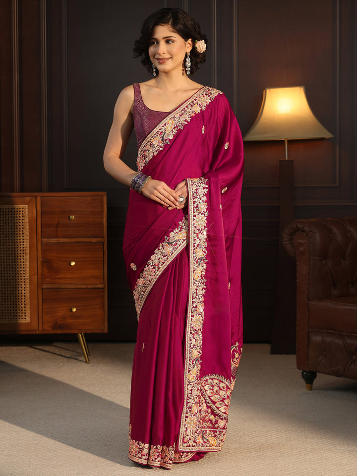 Libas Art Rani Pink Satin Saree with Embellished Border