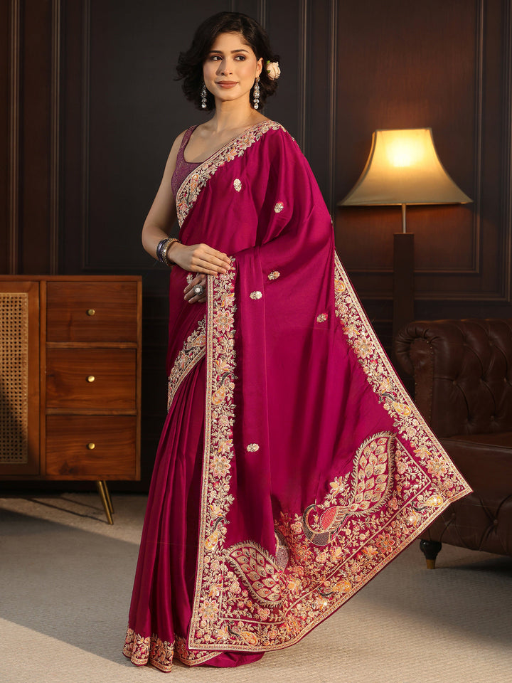 Libas Art Rani Pink Satin Saree with Embellished Border