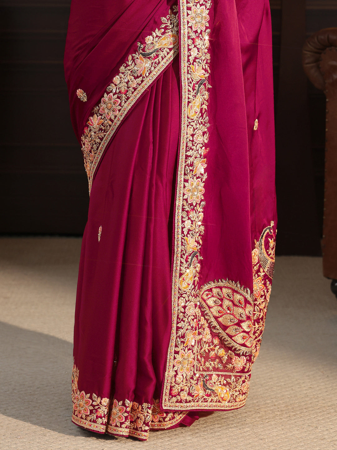 Libas Art Rani Pink Satin Saree with Embellished Border