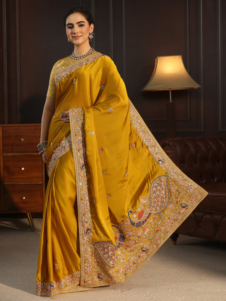 Libas Art Mustard Satin Saree with Embellished Border