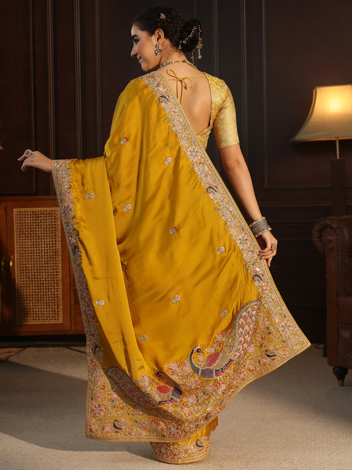 Libas Art Mustard Satin Saree with Embellished Border