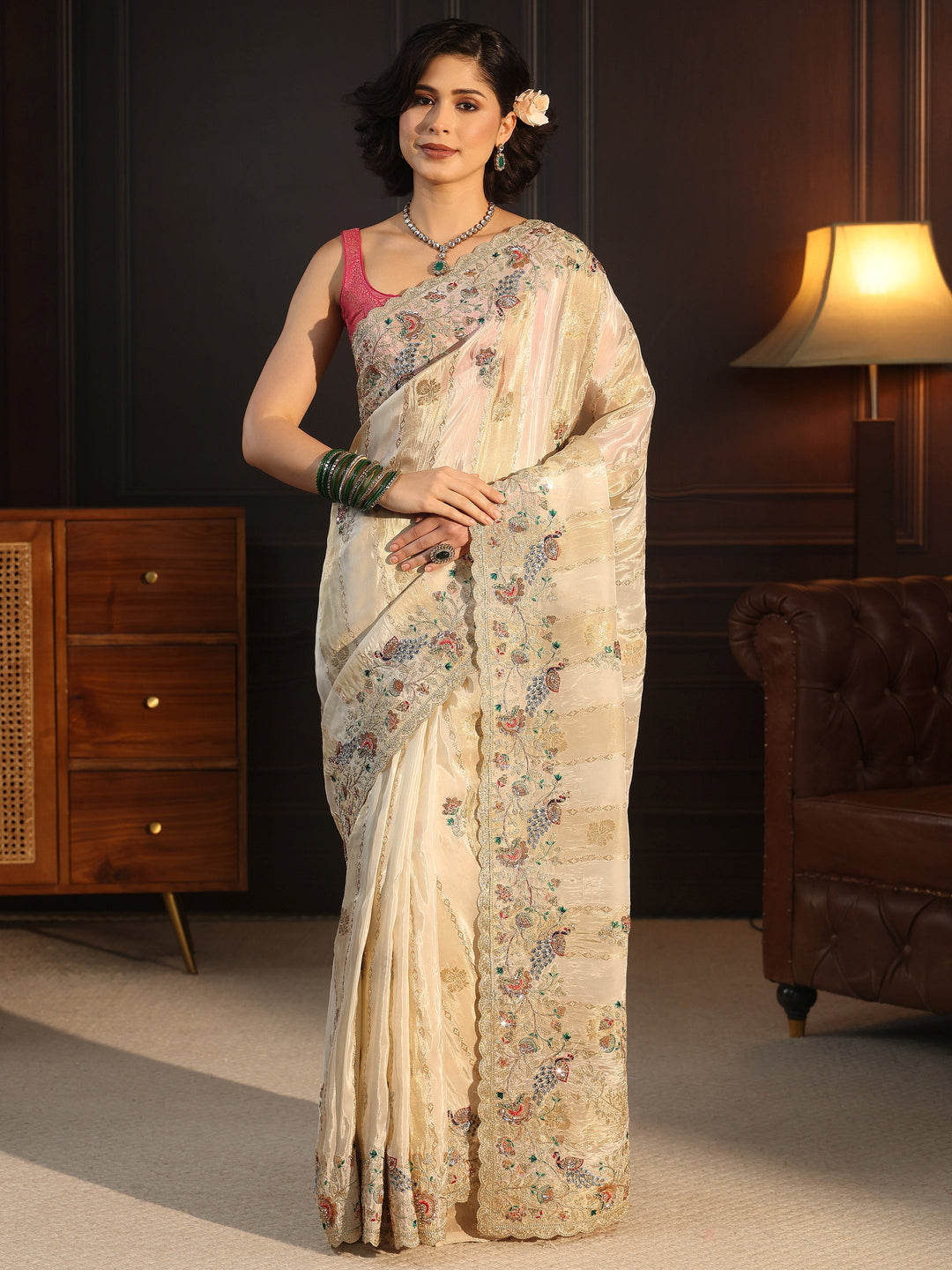 Libas Art Off White Floral Stone Work Embellished Silk Blend Saree