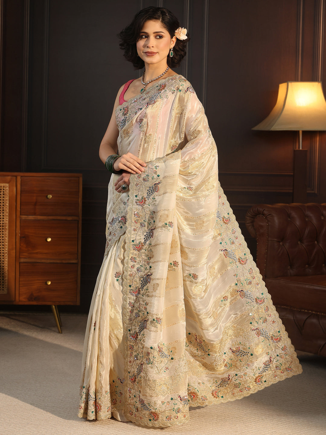 Libas Art Off White Floral Stone Work Embellished Silk Blend Saree