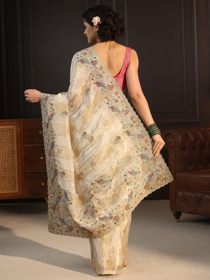Libas Art Off White Floral Stone Work Embellished Silk Blend Saree