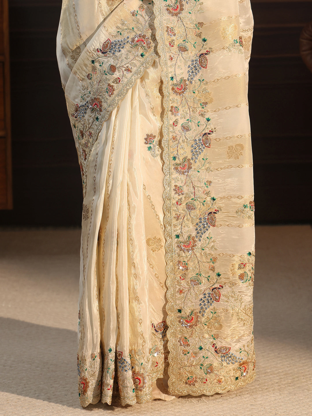 Libas Art Off White Floral Stone Work Embellished Silk Blend Saree