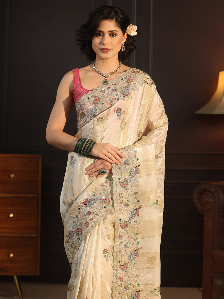 Libas Art Off White Floral Stone Work Embellished Silk Blend Saree