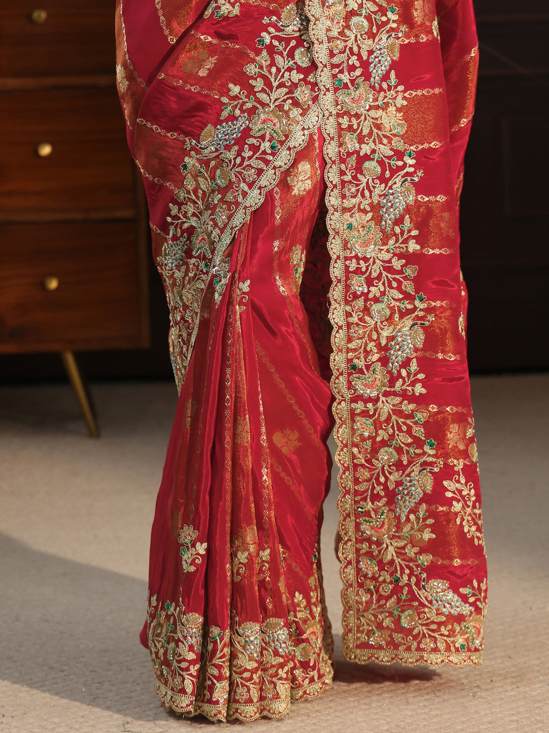 Libas Art Red Floral Stone Work Embellished Silk Blend Saree