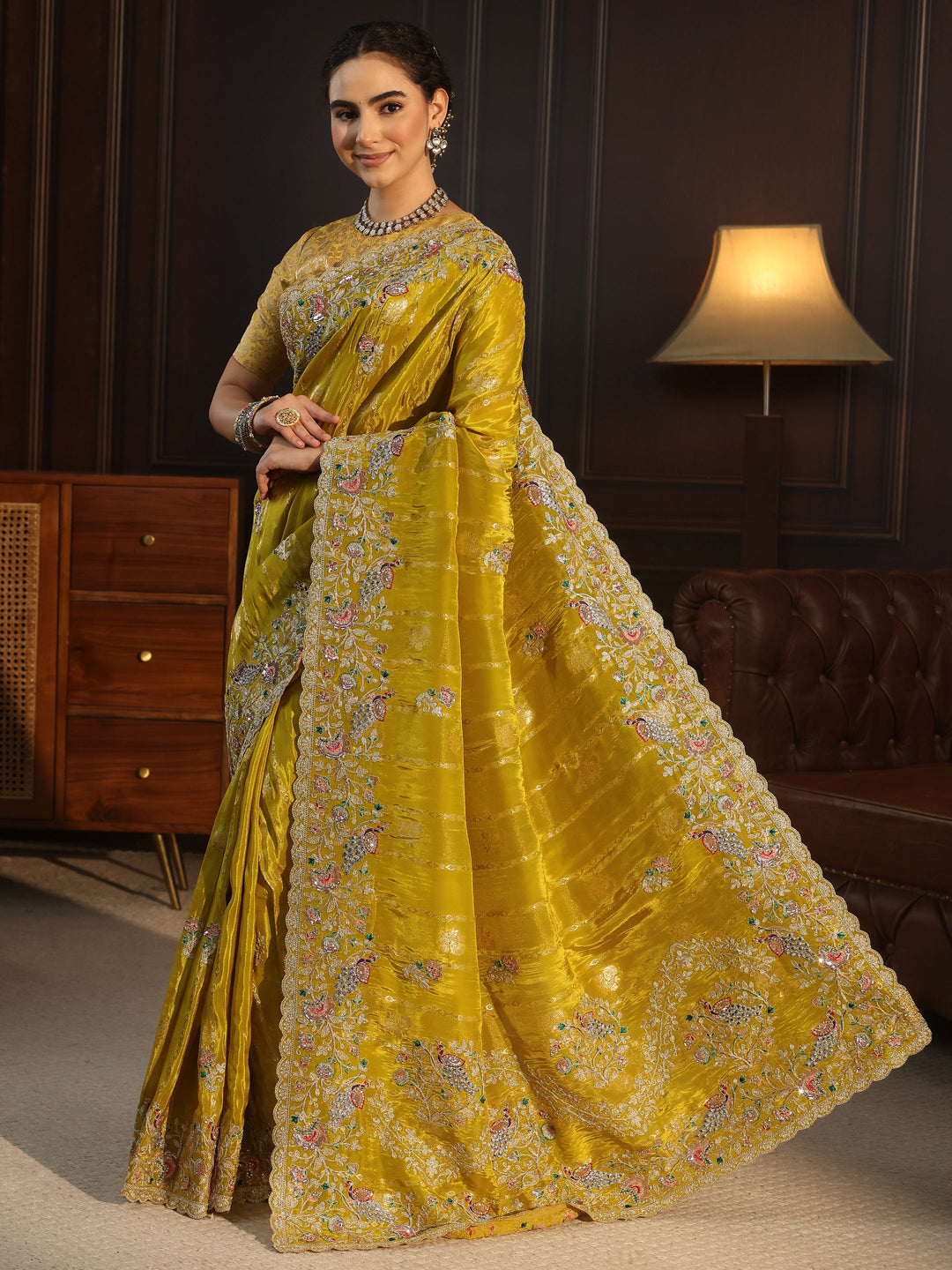 Libas Art Green Floral Stone Work Embellished Silk Blend Saree