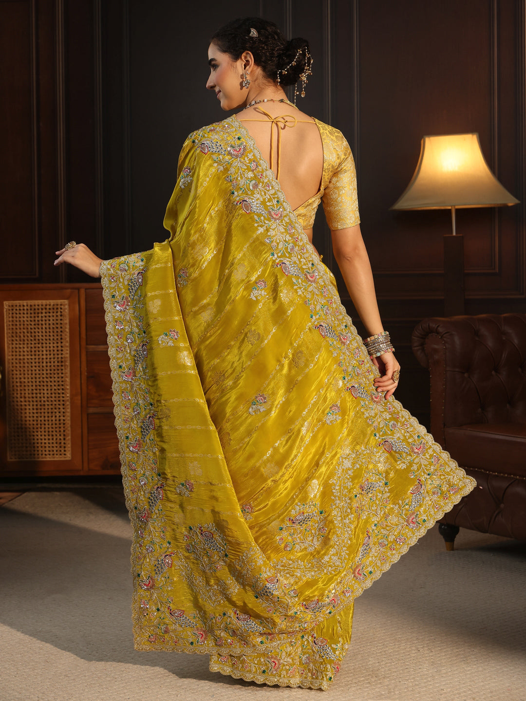 Libas Art Green Floral Stone Work Embellished Silk Blend Saree