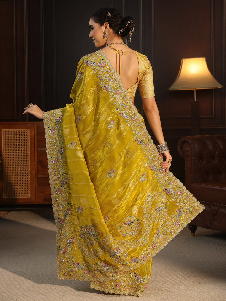 Libas Art Green Floral Stone Work Embellished Silk Blend Saree