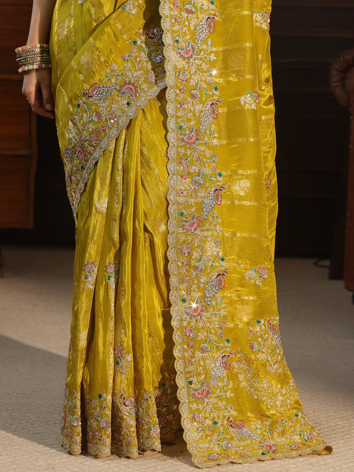 Libas Art Green Floral Stone Work Embellished Silk Blend Saree