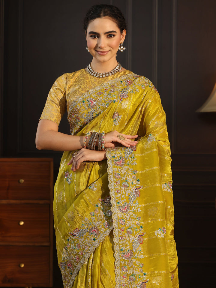 Libas Art Green Floral Stone Work Embellished Silk Blend Saree