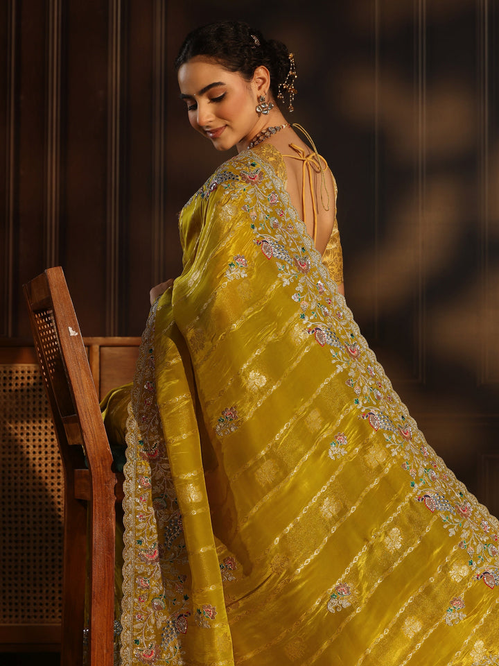 Libas Art Green Floral Stone Work Embellished Silk Blend Saree