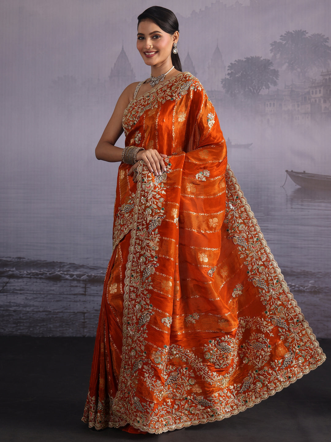Libas Art Orange Floral Embellished Woven Design Silk Blend Saree