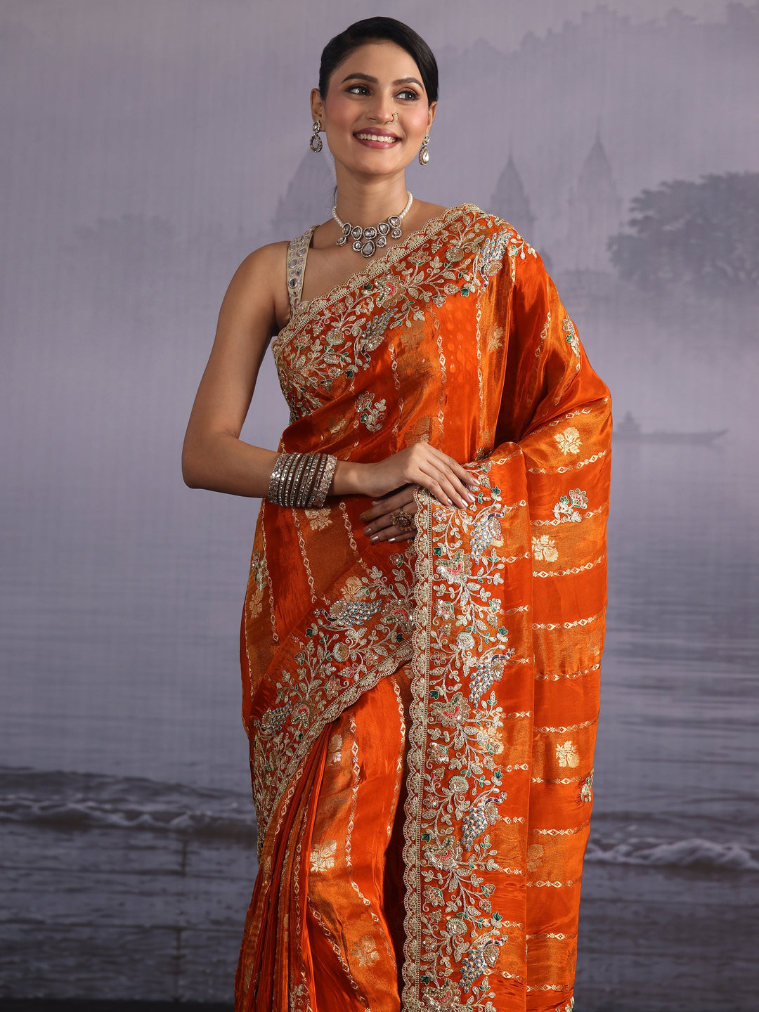Libas Art Orange Floral Embellished Woven Design Silk Blend Saree