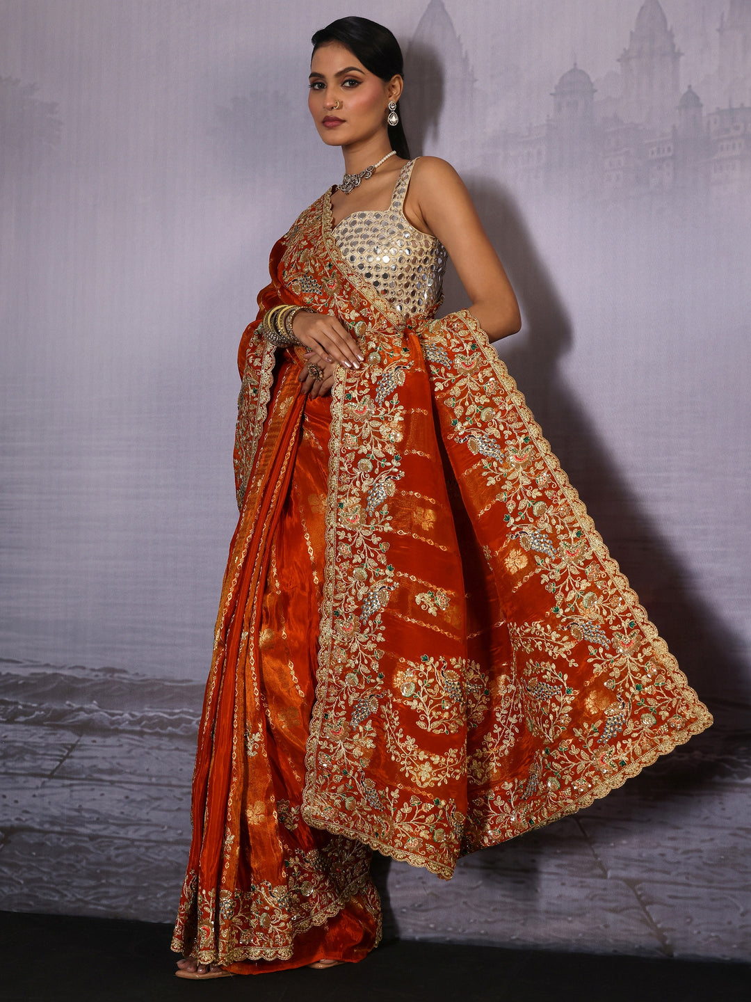 Libas Art Orange Floral Embellished Woven Design Silk Blend Saree