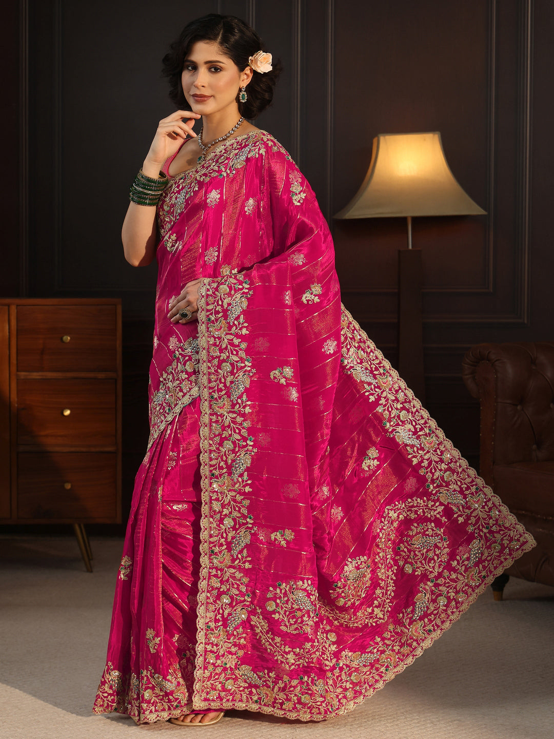 Libas Art Rani Pink Floral Stone Work Embellished Silk Blend Saree