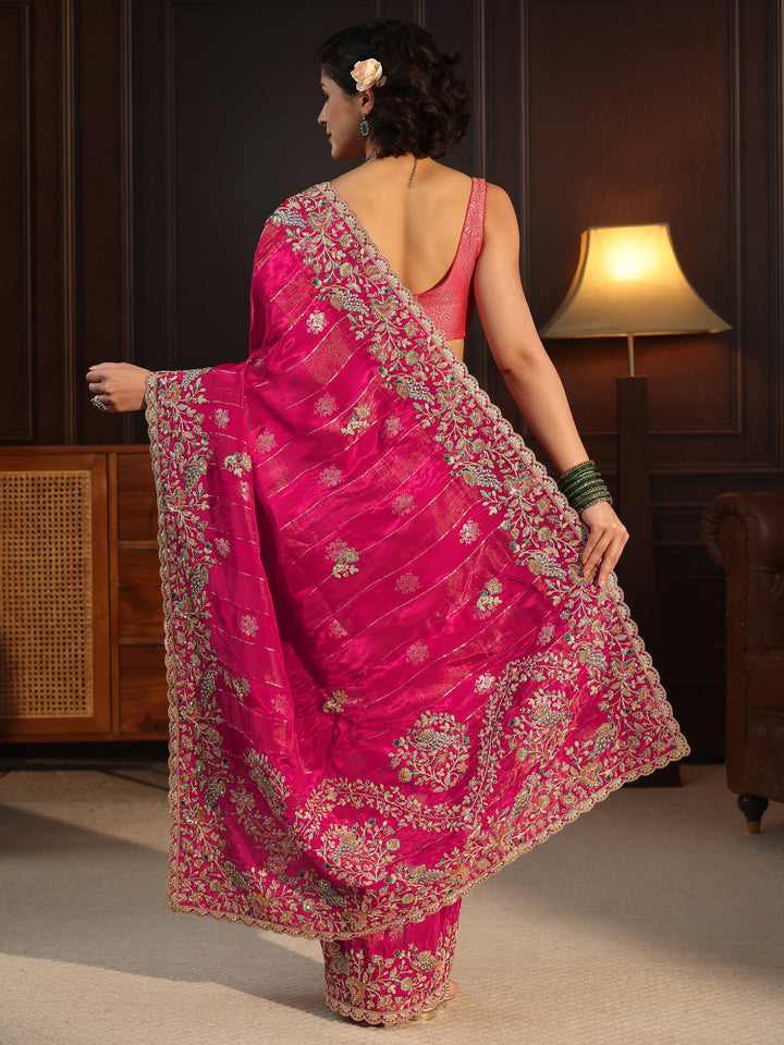 Libas Art Rani Pink Floral Stone Work Embellished Silk Blend Saree