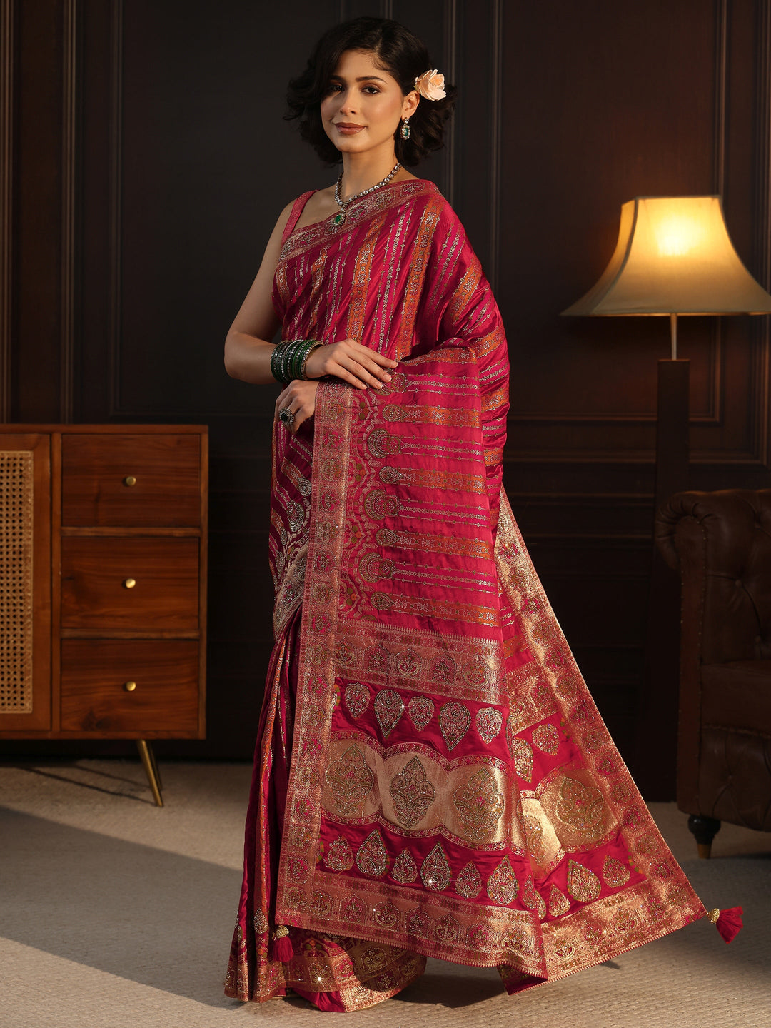 Libas Art Pink Striped Woven Design Satin Saree with Stone Work