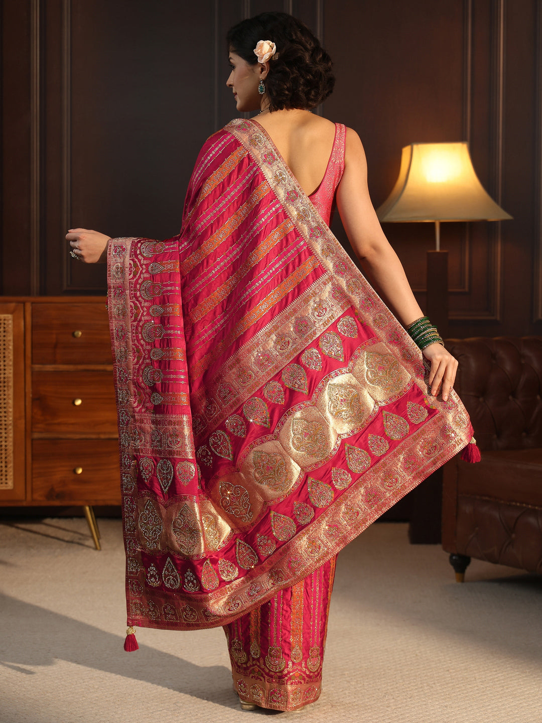 Libas Art Pink Striped Woven Design Satin Saree with Stone Work