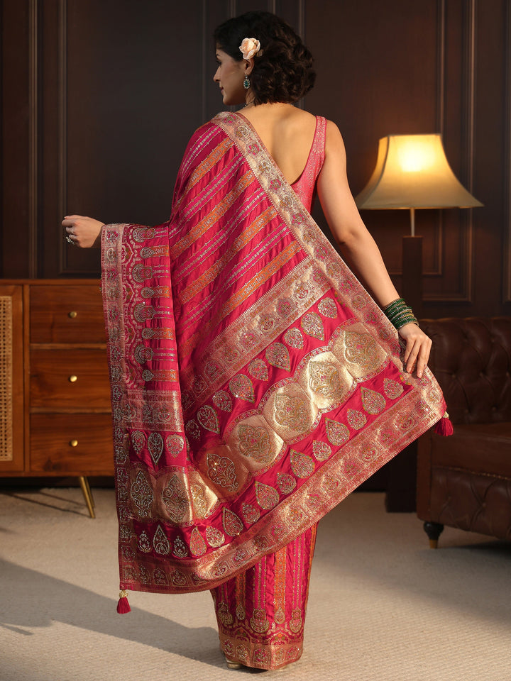 Libas Art Pink Striped Woven Design Satin Saree with Stone Work