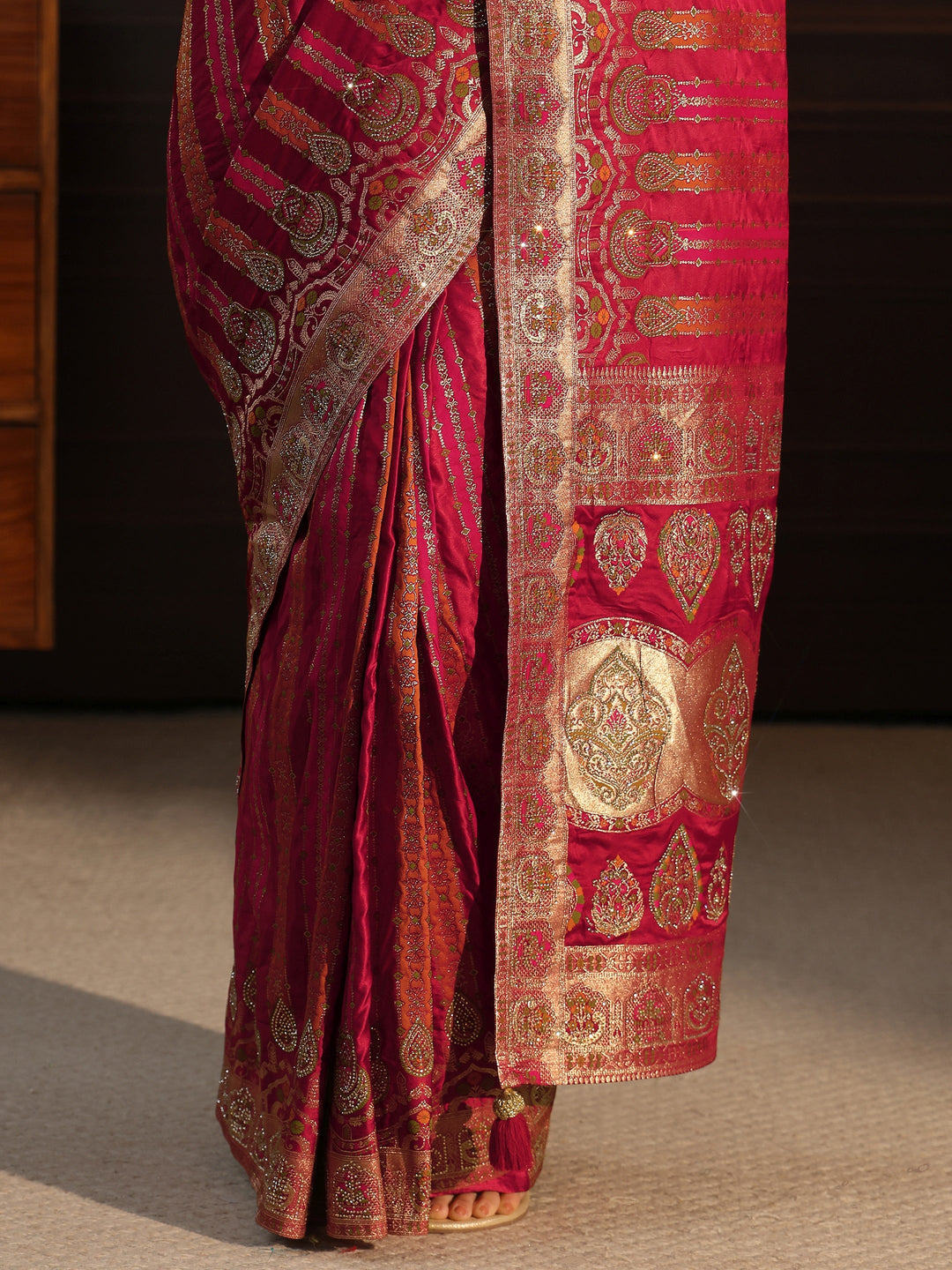 Libas Art Pink Striped Woven Design Satin Saree with Stone Work