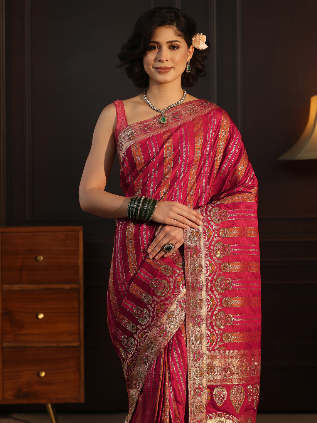 Libas Art Pink Striped Woven Design Satin Saree with Stone Work