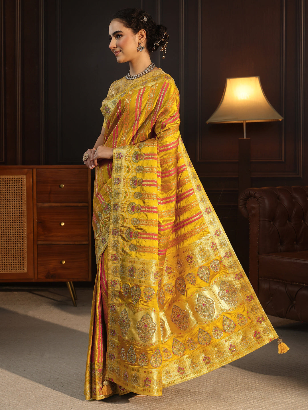 Libas Art Mustard Striped Woven Design Satin Saree with Stone Work